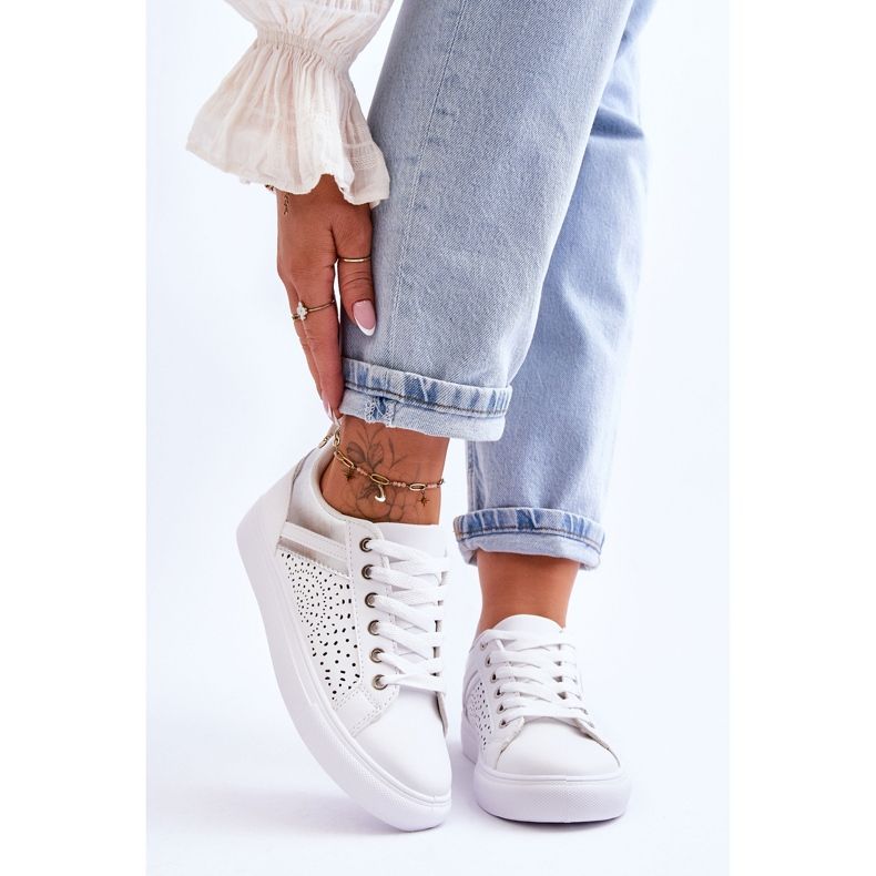 Classic Sports Shoes With Openwork Pattern White And Silver Happier 1
