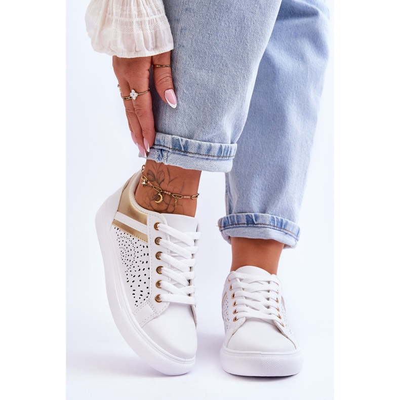 Classic Sports Shoes With Openwork Pattern White And Gold Happier 1
