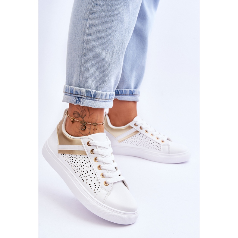 Classic Sports Shoes With Openwork Pattern White And Gold Happier 2