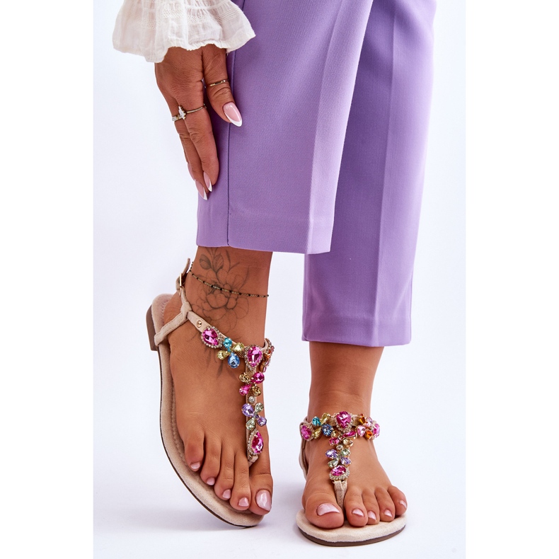 Suede Flip Flops With Stones Beige Frency 1