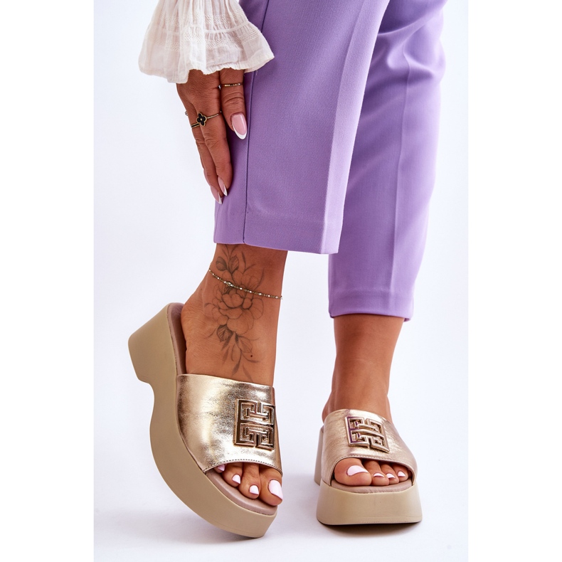 Lemar Women's Leather Platform Slippers With Golden Renna Decoration 1