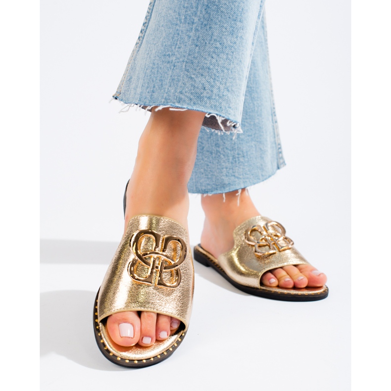 Women's gold embellished Shelovet sliders golden 2