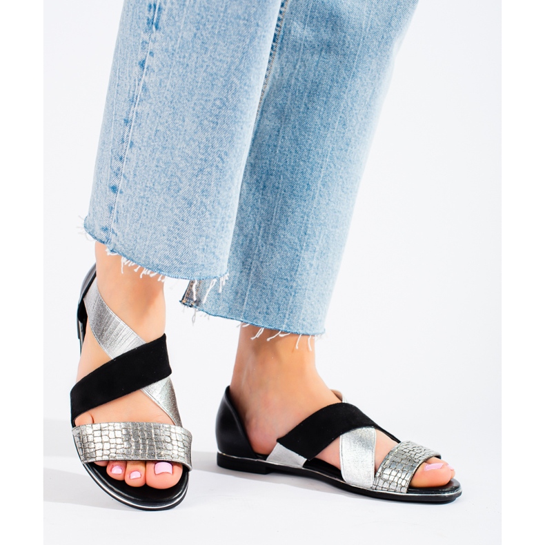 Women's Shelovet black and silver flat sandals 1