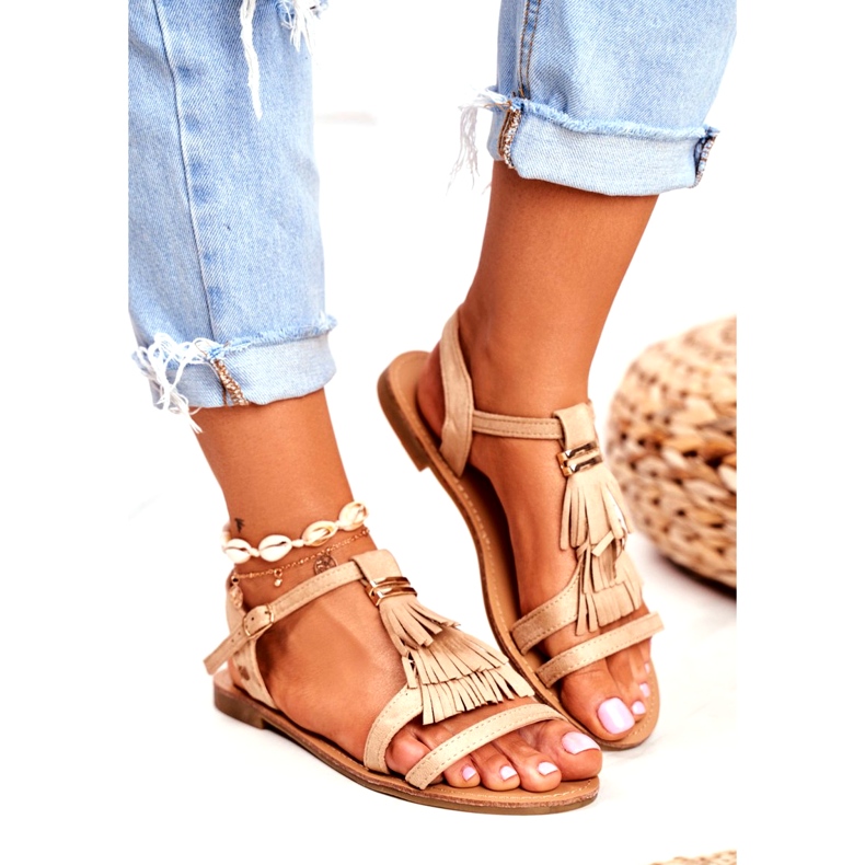 FRJ Women's Sandals Flat Suede Boho Beige Lucami 3