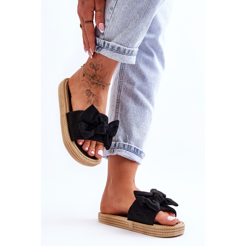 FK1 Women's Suede Slippers With Bow Black Fency 1