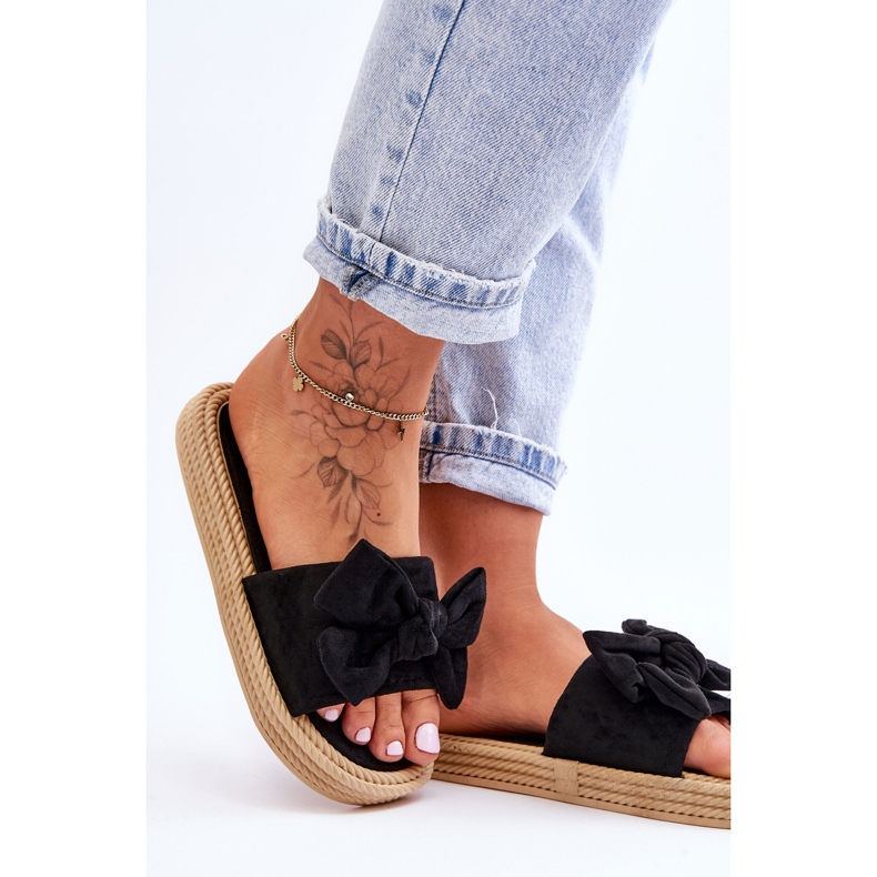 FK1 Women's Suede Slippers With Bow Black Fency 2