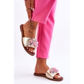 Leather Women's Slippers With Decoration Nicole 2726/064 Gold golden 1 Leather Women's Slippers With Decoration Nicole 2726/064 Gold golden 1